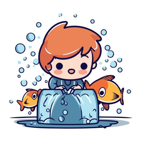 Boy playing with fish in the aquarium. Cute cartoon vector illus