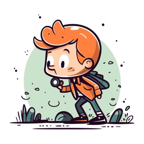 Cute little boy walking outdoors. Vector hand drawn cartoon illu