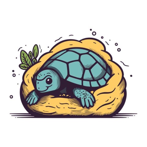 Cartoon turtle in the nest. Vector illustration on white backgro