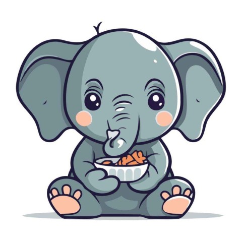 Cute Cartoon Elephant Eating Nuts. Vector Illustration Isolated