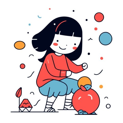 Cute little girl playing with snowballs. Vector illustration in