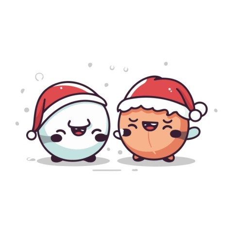 Cute walnut character with Santa Claus hat. Vector illustration.