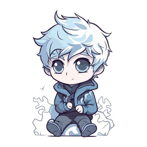 Cute little boy with big eyes and blue hair sitting on a rock