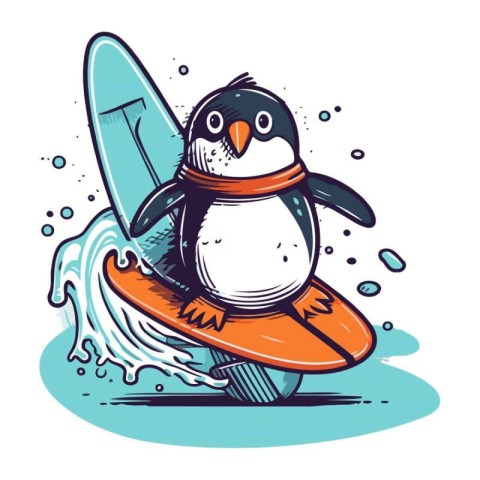 Cute penguin with surfboard on the wave. Vector illustration.