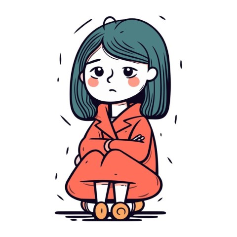 Sad little girl in pajamas sitting on the floor. Vector illustra