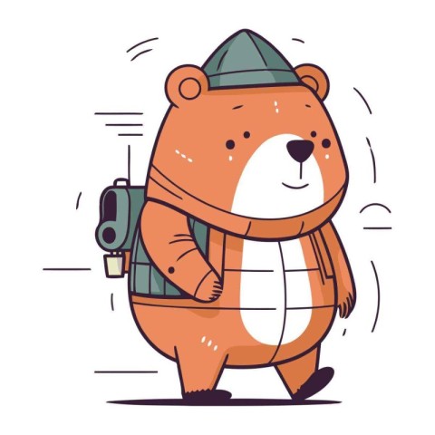 Cute cartoon bear with backpack. Vector illustration in a flat s