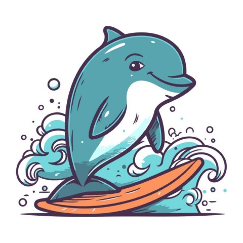 Cartoon dolphin. Vector illustration of a dolphin with surfboard