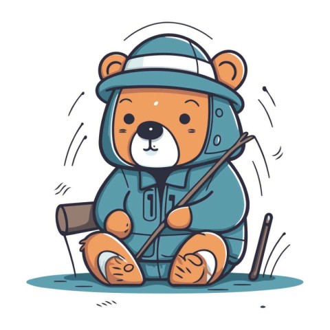 Cute bear in winter clothes with hockey stick. Vector illustrati