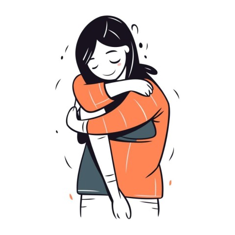 Vector illustration of a young woman hugging herself. Hand drawn