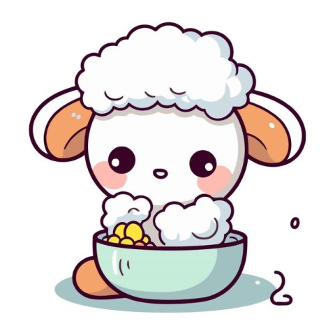 Cute sheep with bowl of milk and corn. Vector illustration.