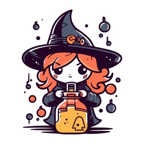 Cute little witch with a bottle of potion. Vector illustration.