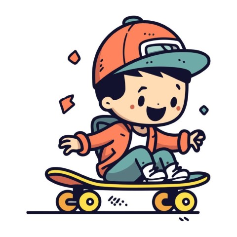 Little boy riding skateboard. Vector illustration in doodle styl