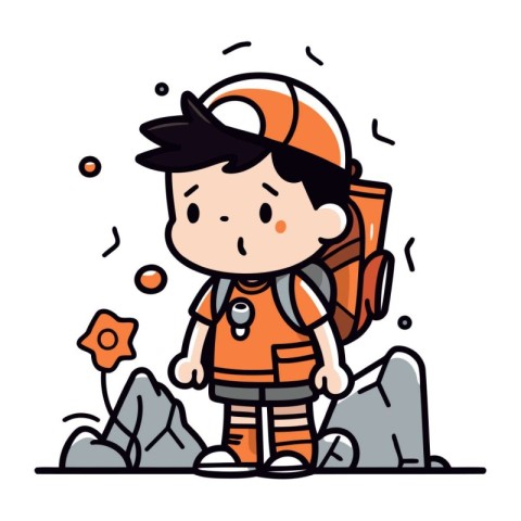 Boy hiker with backpack. Vector illustration in doodle style