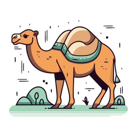 Camel in the desert. Vector illustration in flat linear style.