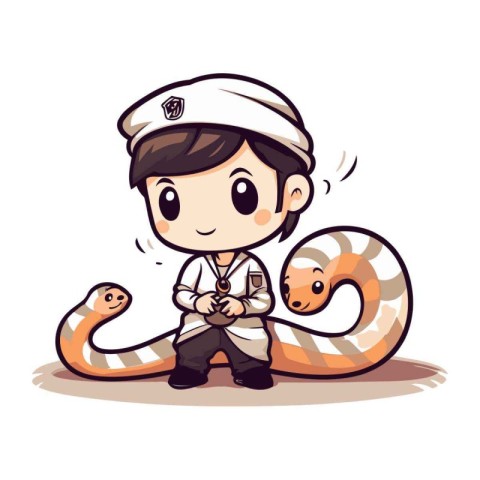 Cute sailor with a big snake in his hand. Vector illustration.