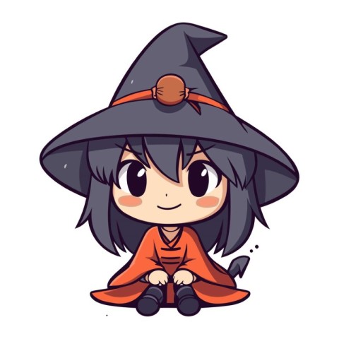 Cute little witch girl in red dress and hat. Vector illustration