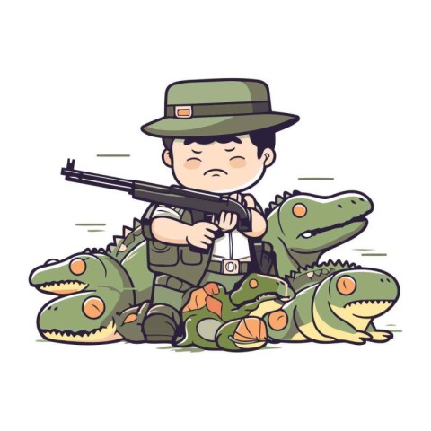 Cartoon crocodile hunter with a gun. Vector illustration on whit