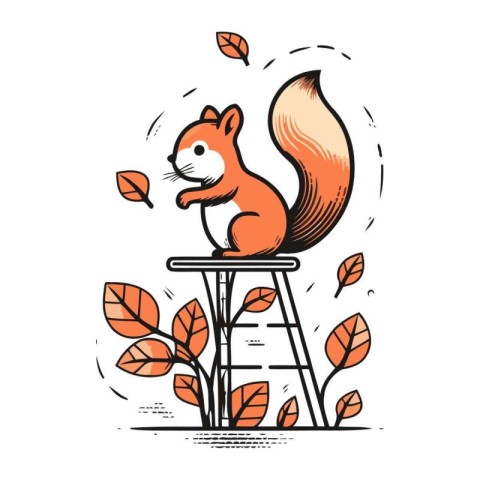 Squirrel sitting on a ladder with autumn leaves. Vector illustra