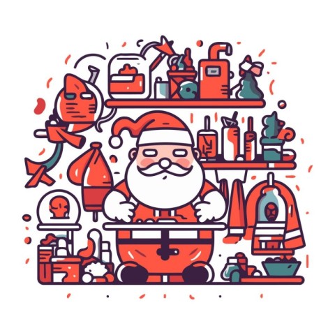 Santa Claus in the kitchen. Vector illustration in line art styl