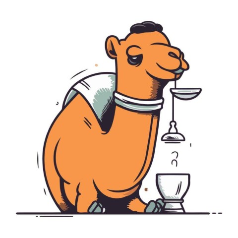 Camel with scales and coffee. Vector illustration in cartoon sty