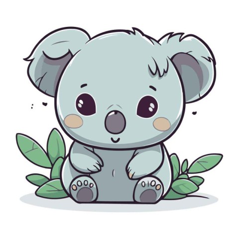 Cute koala sitting on the green leaves. Vector illustration.