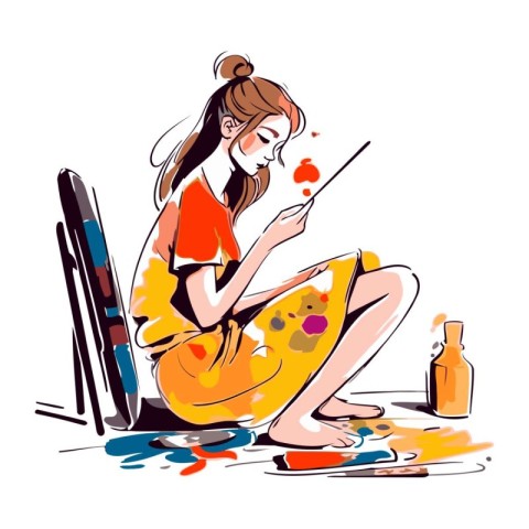 Beautiful young woman paints a picture with a brush. Vector illu