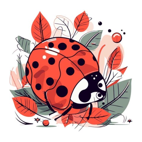 Cute cartoon ladybug with leaves and berries. Vector illustratio