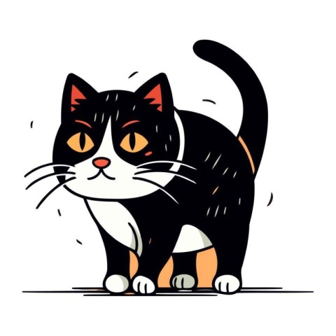 Cute cartoon black and white cat. Vector illustration on white b