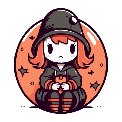 Cute little girl in hat sitting on the moon. Vector illustration