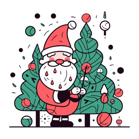 Vector line art illustration of Santa Claus and Christmas tree o