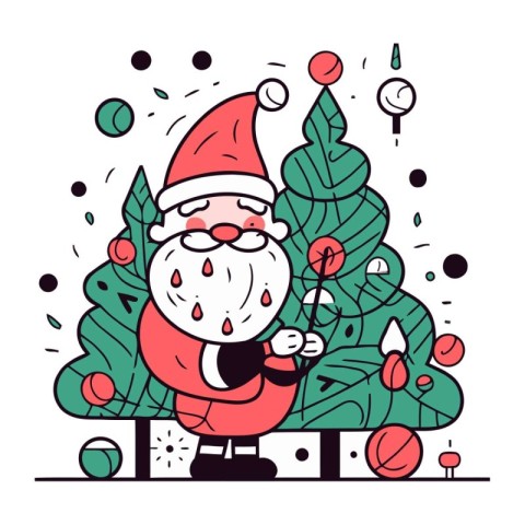 Vector line art illustration of Santa Claus and Christmas tree o