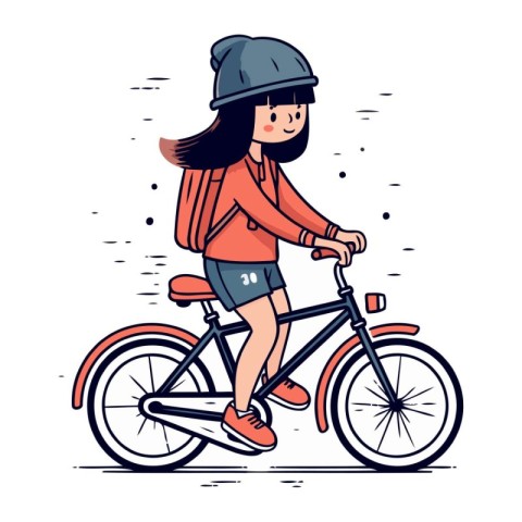 Cute hipster girl riding bicycle. Vector illustration in cartoon