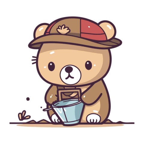 Cute bear in a hat with a bucket. Vector illustration.