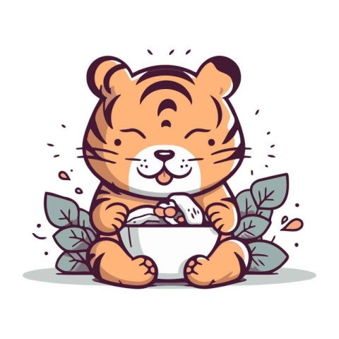 Cute tiger with a bowl of food. Cartoon vector illustration.