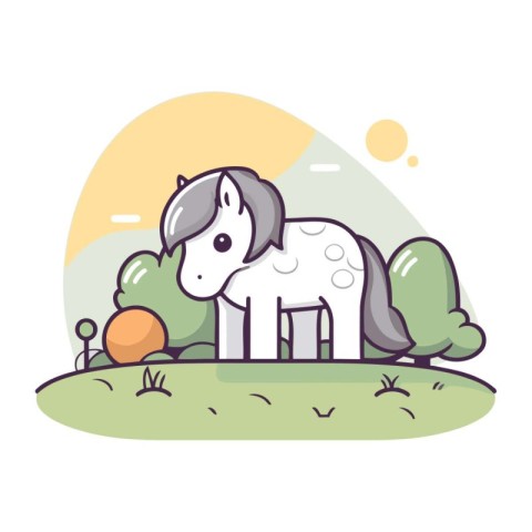 Cute cartoon horse in the field. Vector illustration. flat desig