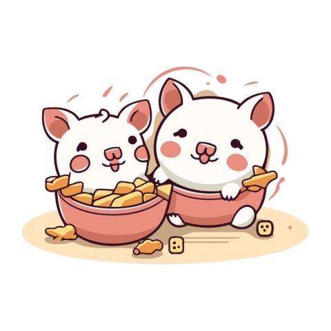 Cute cat and dog with bowl of food. vector illustration.