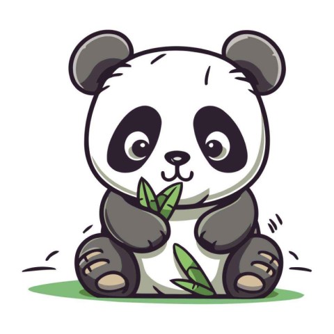 Cute cartoon panda with a green leaf. Vector illustration.