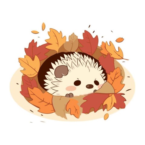 Cute hedgehog in autumn leaves. Vector illustration isolated on