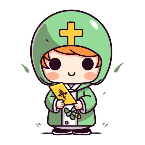 Cute little boy dressed as a priest with a bible. Vector illustr