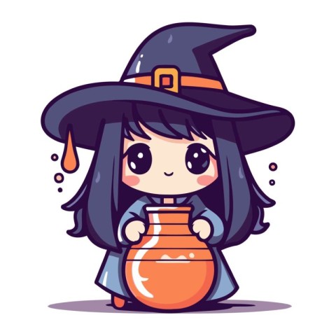 Cute little witch with a pot of potion. Vector illustration.