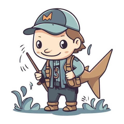 Fisherman with a big fish. Cute cartoon vector illustration.