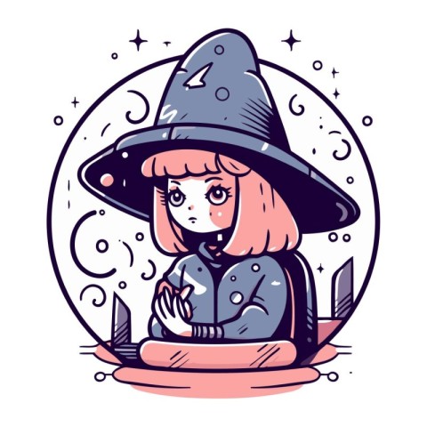 Cute cartoon witch with laptop. Vector illustration in doodle st