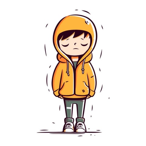 Cute little boy in a yellow raincoat. Vector illustration.