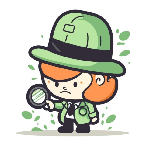 Cartoon detective girl looking through a magnifying glass vector