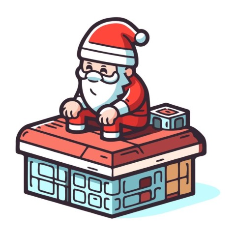 Santa Claus sitting on the roof of the house. Vector illustratio