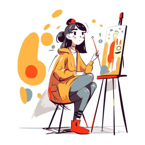 Young woman painting a picture on canvas. Vector illustration in