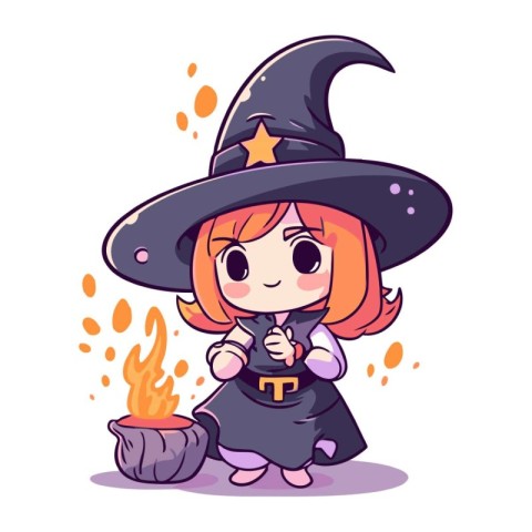 Cute little girl dressed as a witch with a magic wand. Vector il