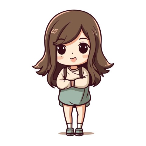 Cute little girl with long brown hair. Cartoon vector illustrati