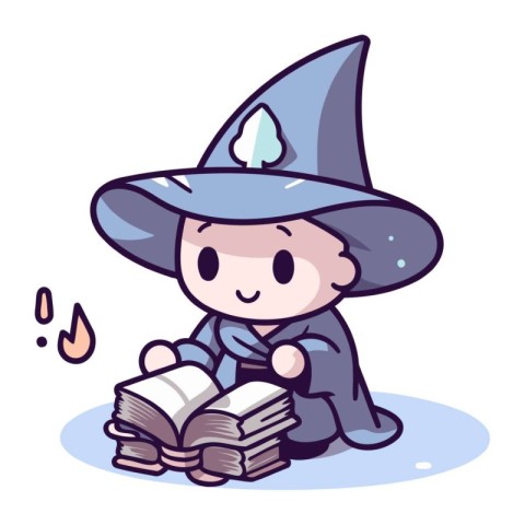 Cute boy in a witch costume reading a book. Vector illustration.