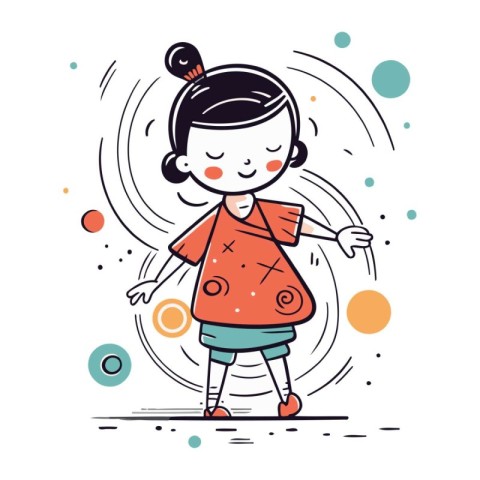 Cute little girl cartoon character. Vector illustration in doodl